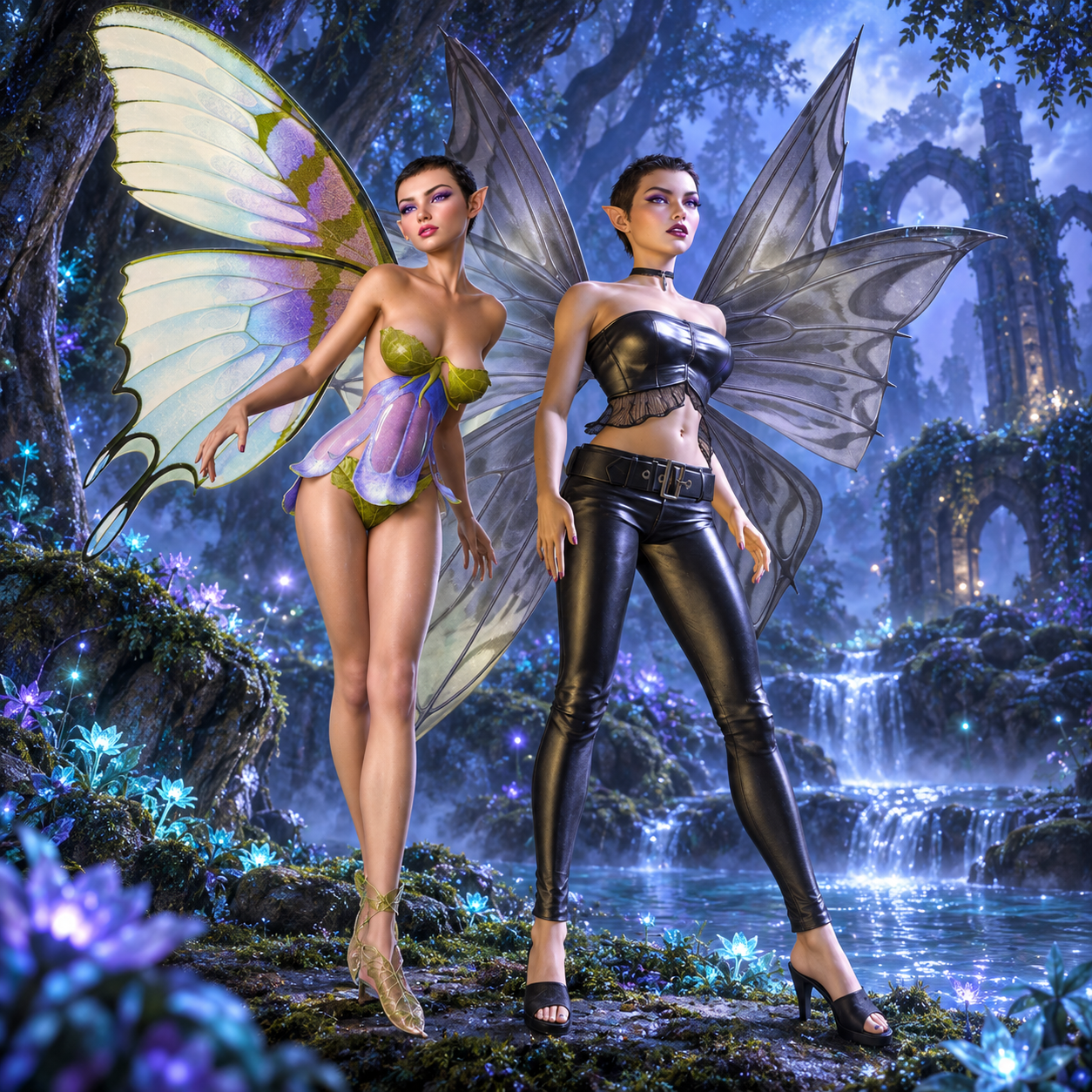 Dawn in lavender petals and luminous butterfly wings beside Dusk in black leather and smoky wings, in an enchanted twilight forest.